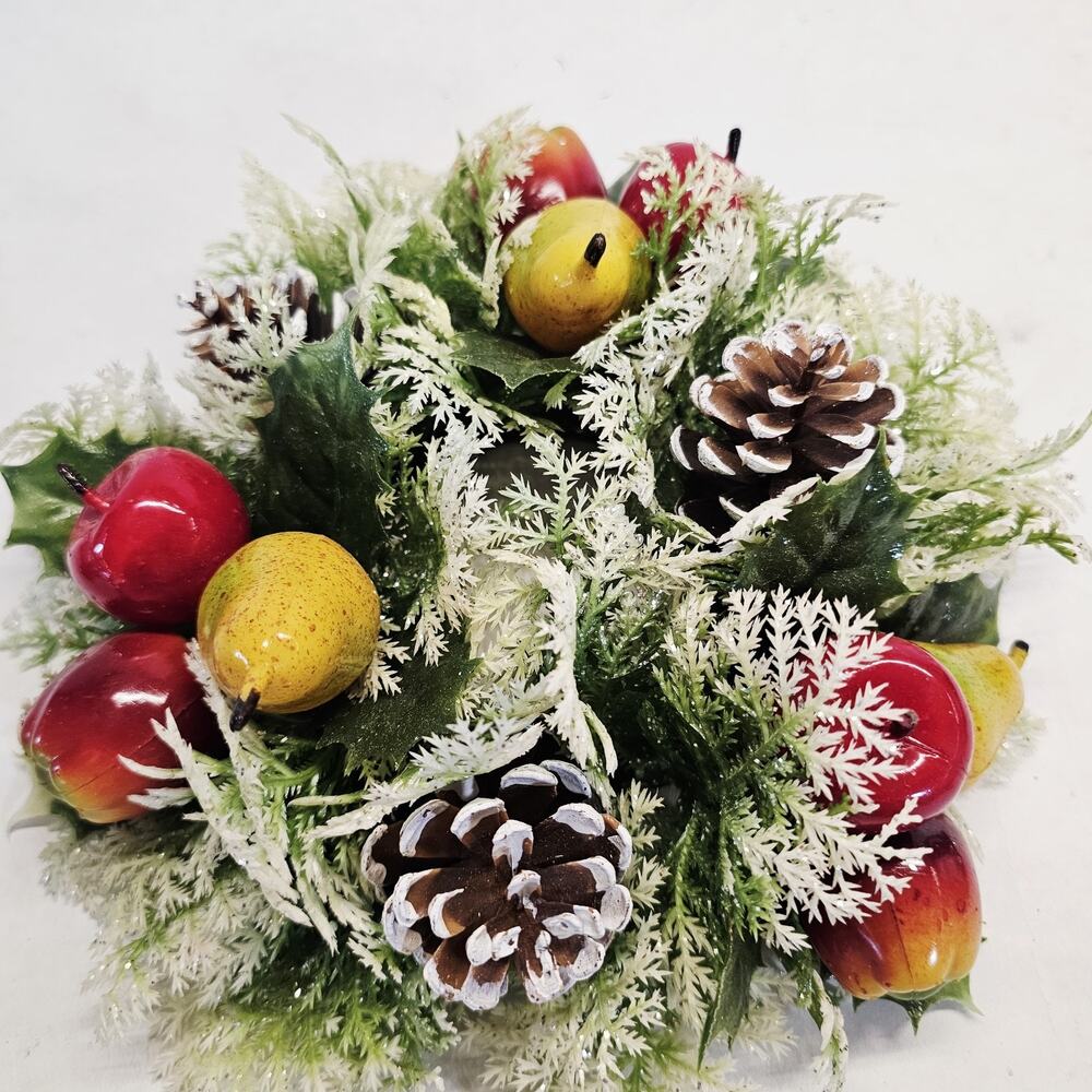 Vintage Christmas Plastic Candle Ring Wreath Pinecone Centerpiece Apples Pears